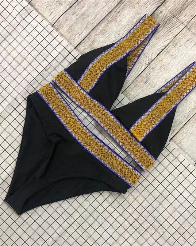 Women's Summer Swimsuit Plate Belt Hot Gold High Stretch Sexy Split Body Black Bikini Bathing Suit