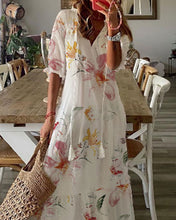 Load image into Gallery viewer, Women&#39;s Floral Print V-Neck Half Sleeve Fringe Decor High Waist Flared Maxi Dress
