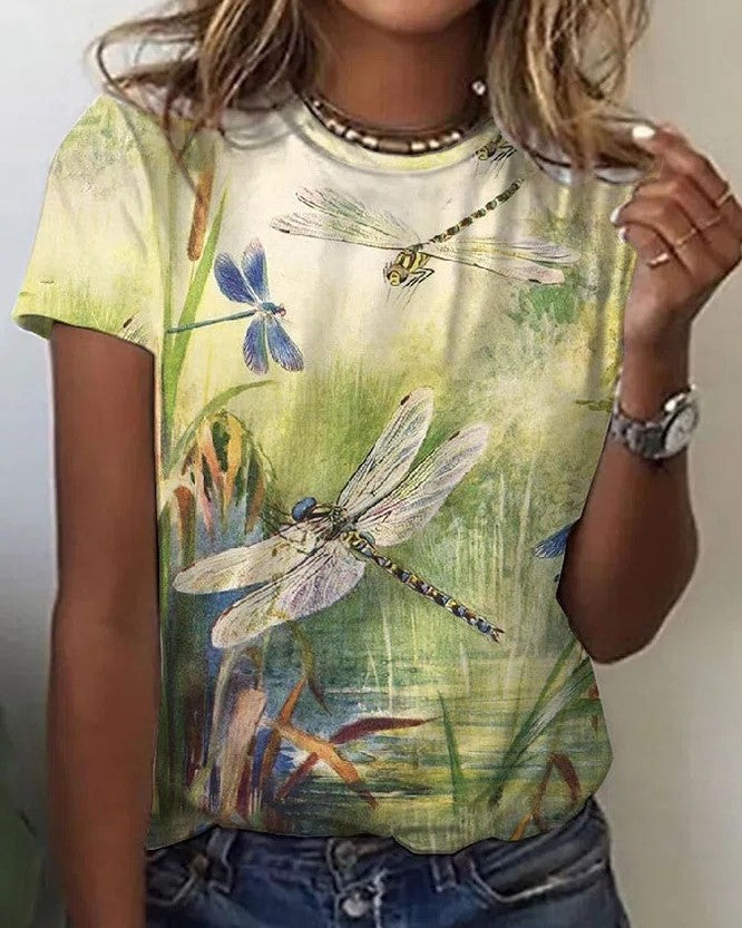 Green Dragonfly Round Neck Short Sleeve T-shirts