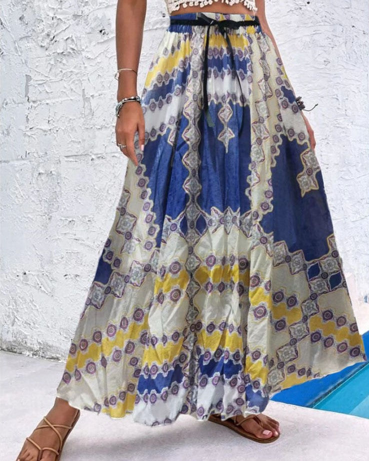 Multicolor Boho Print Elastic High Waist Pleated A Line Maxi Skirt