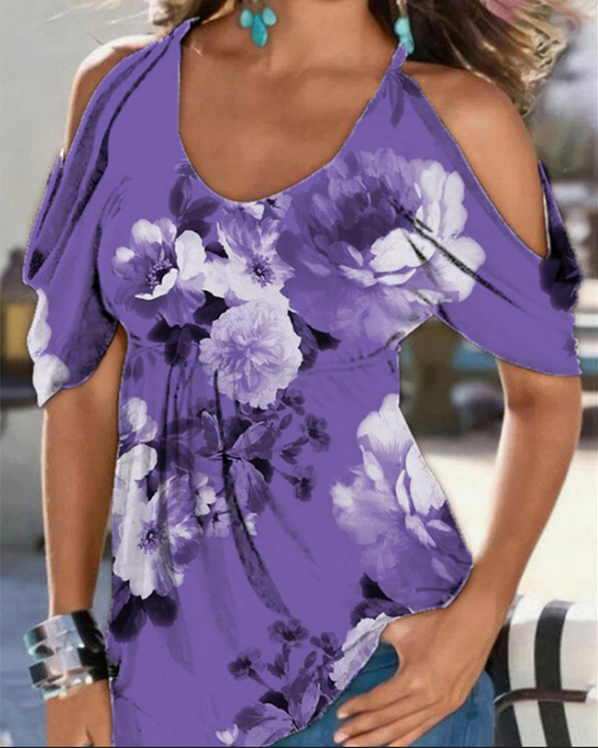 Women's Round Neck Purple Elegant Floral Printed Cold Shoulder Loose Blouse