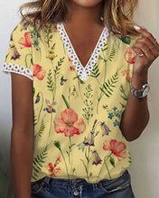 Load image into Gallery viewer, Multicolor Floral Print V Neck Short Sleeve Drop Shoulder Contrast Trim T-shirts
