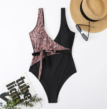 Load image into Gallery viewer, Women&#39;s Snakeskin Print Wrap V-Neck Tie Waist Sexy One-Piece Swimsuit

