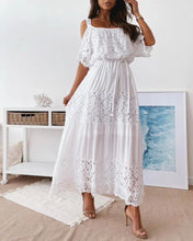 Load image into Gallery viewer, Contrast Lace Cold Shoulder Belted Maxi Dress
