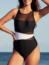 Load image into Gallery viewer, White And Black Mesh Patchwork One Piece Swimsuits
