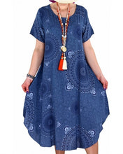 Load image into Gallery viewer, Women&#39;s Boho Printed Round Neck Short Sleeve Flared Loose Midi Dress
