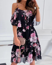 Load image into Gallery viewer, Floral Print Cold Shoulder Ruffle Hem Chiffon Dress
