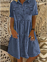Load image into Gallery viewer, Women&#39;s Denim Shirt Dress Knee Length Dress Blue Dark Blue Short Sleeve Square Ruched Pocket Button Spring  Dress
