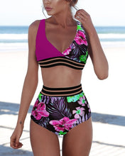 Load image into Gallery viewer, Women&#39;s Solid Color Floral Print Striped Patchwork V-Neck Sleeveless High Waist Sexy Bikini
