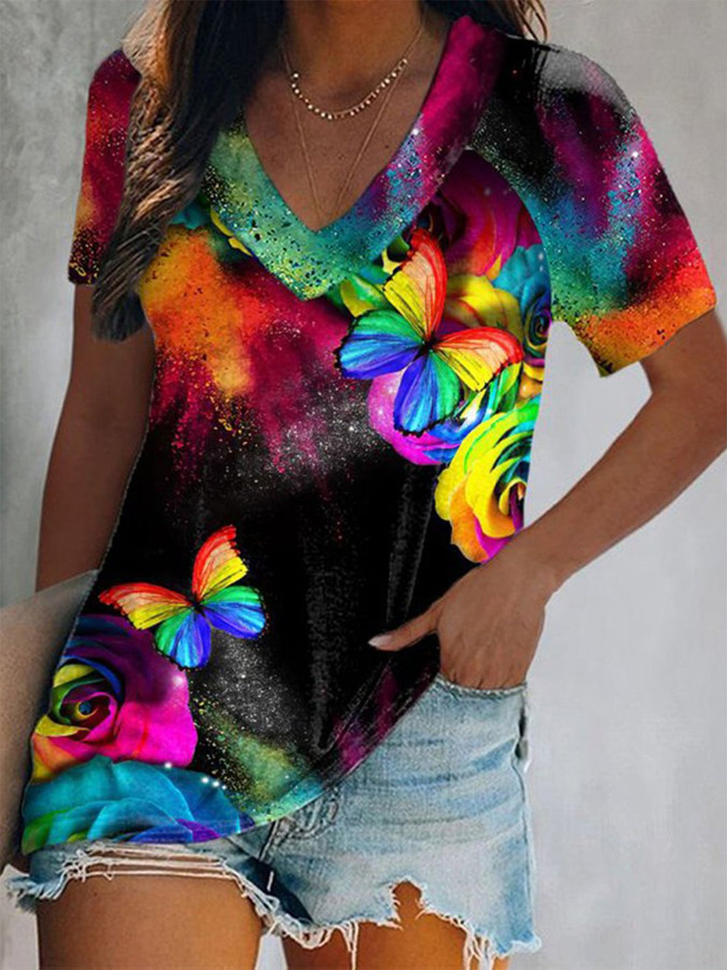 Casual Butterfly V Neck Ombre T-Shirt