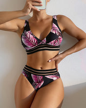 Load image into Gallery viewer, Women&#39;s Split High Waist Bikini With Patchwork Leaf Print
