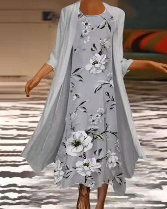 Floral Tunic Round Neckline Maxi A-line Dress