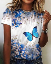 Load image into Gallery viewer, Casual Multicolor Floral Butterfly Print Short Sleeve Drop Shoulder T-shirts
