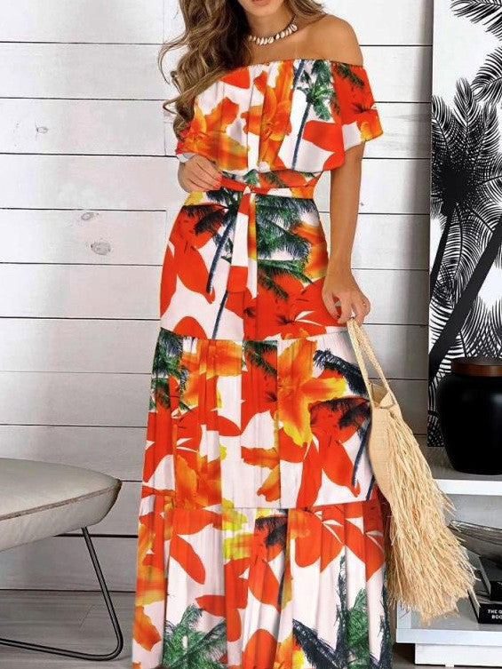 A Line Floral Print Summer Dress Off Shoulder