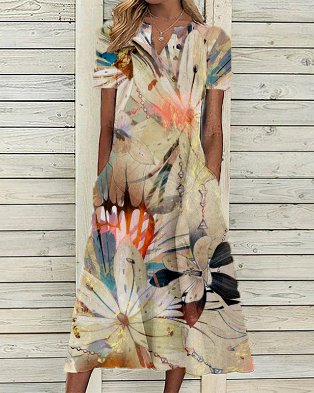 Women's Multicolor Floral Print Notched V-Neck Short Sleeve Pocket Flared A-Line Midi Dress