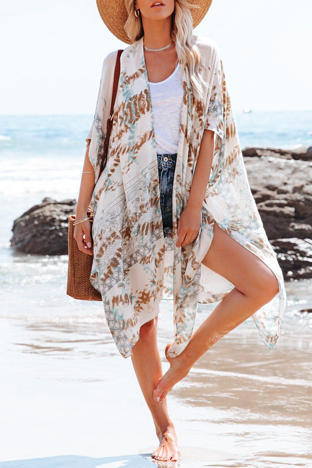 Blue Pattern Print Open Front Kimono with Side Slit