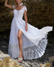 Load image into Gallery viewer, White Solid See Through Lace Embroidery Button Front Slit Flared Hem Contrats Lace Dress

