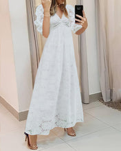 Load image into Gallery viewer, Women&#39;s White Solid V Neck Half Sleeve High Waist A-line Long Dress
