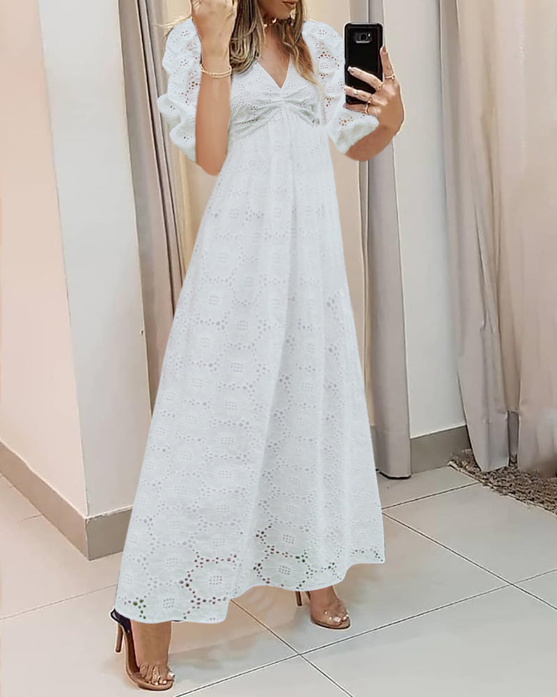 Women's White Solid V Neck Half Sleeve High Waist A-line Long Dress