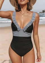 Load image into Gallery viewer, Stripe Patchwork Ruffle One Piece Swimsuit
