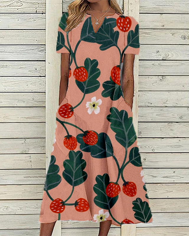 Women's Strawberry Print Notched V-Neck Short Sleeve Flared A-Line Pockets Midi Dress