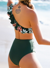 Load image into Gallery viewer, Dark Green Floral One Shoulder Ruffle High Waisted Bikini
