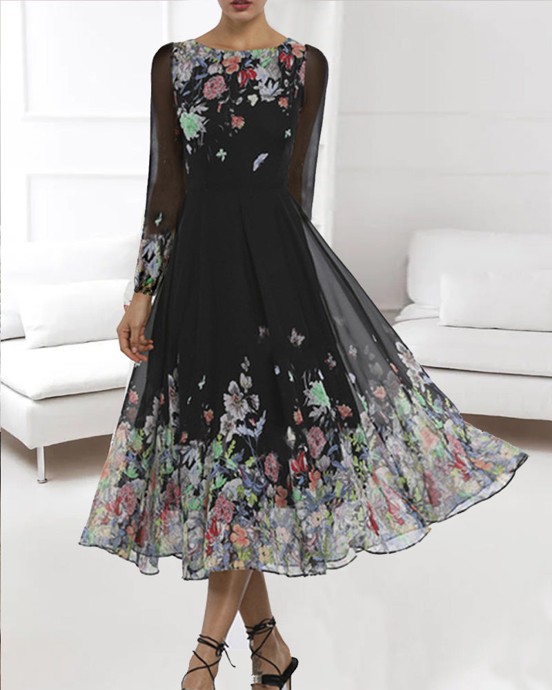 Women's Boho Floral Round Neck Long Sleeve High Waist A-line Midi Dress