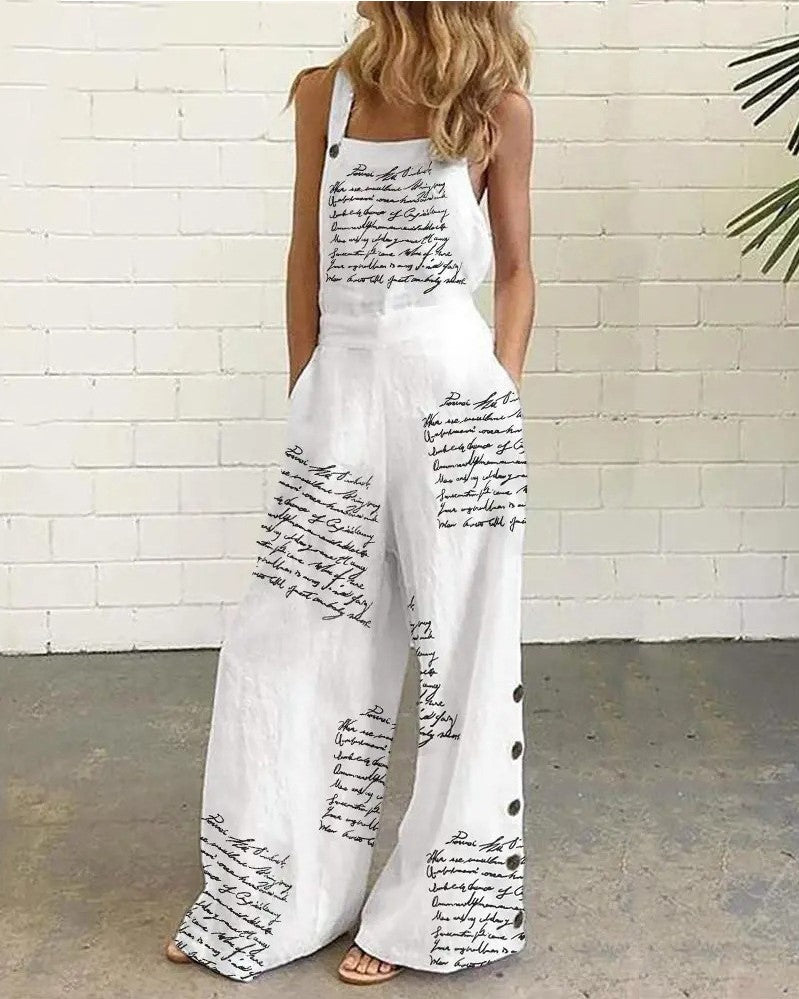 Women Casual Letter Print Pocket Long Sling Jumpsuit