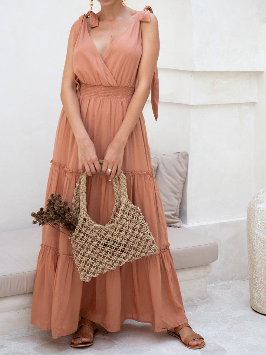 Women's Elegant V Neck Split Thigh Romantic Pink Solid Dress