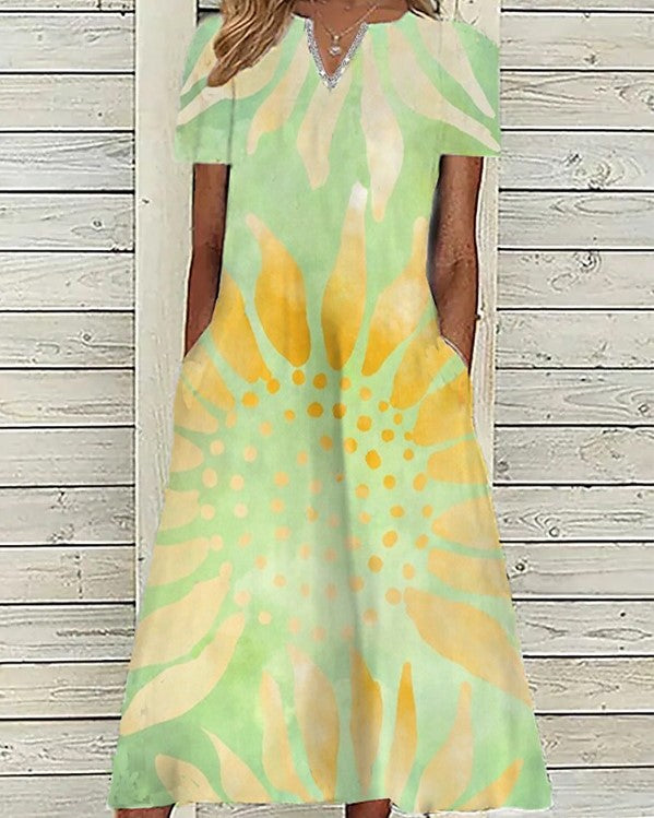 Women's V Neck Short Sleeve Sunflower Printed Dresses