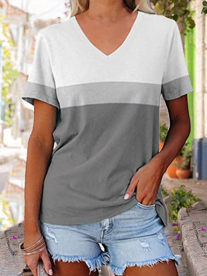 Women's Daily Weekend Short Sleeve Print Grey Stripe V Neck Basic T-shirts