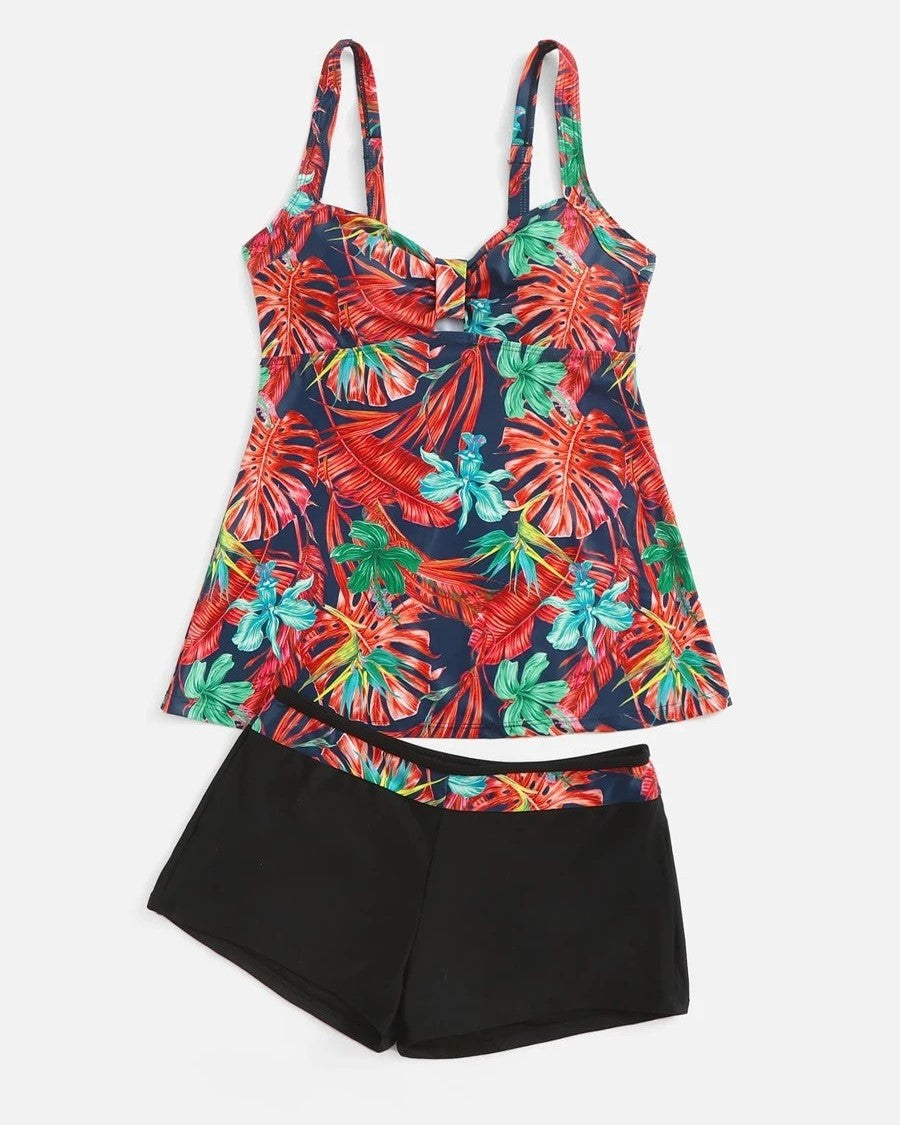 Tropical Print Ruched Tankini Swimsuit