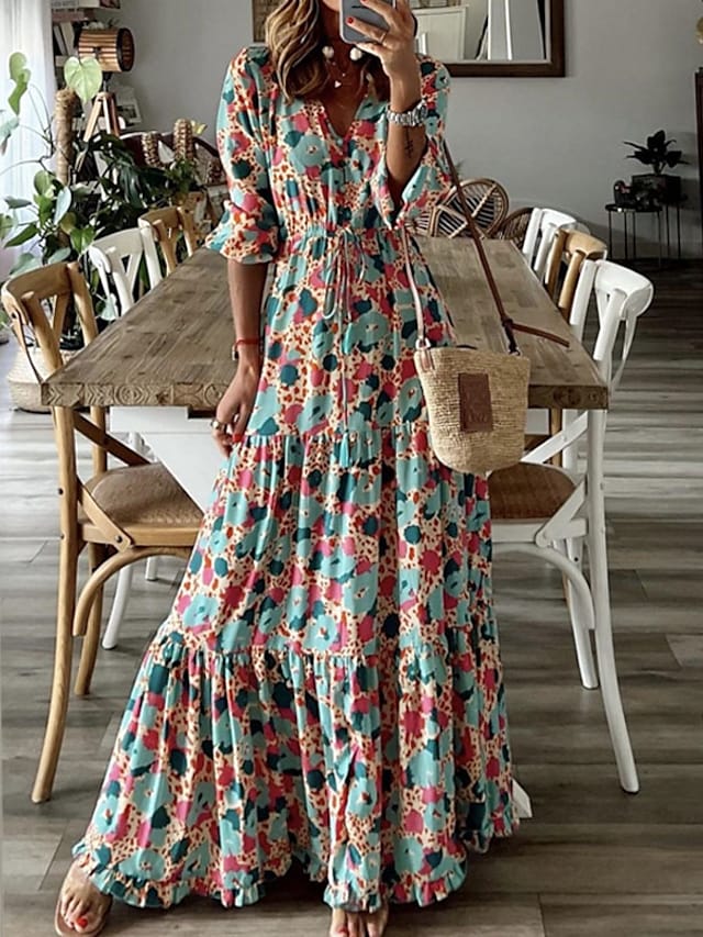 Women's Swing Dress Maxi long Dress Blue Half Sleeve Floral Lace up Print Spring Summer V Neck Stylish Casual