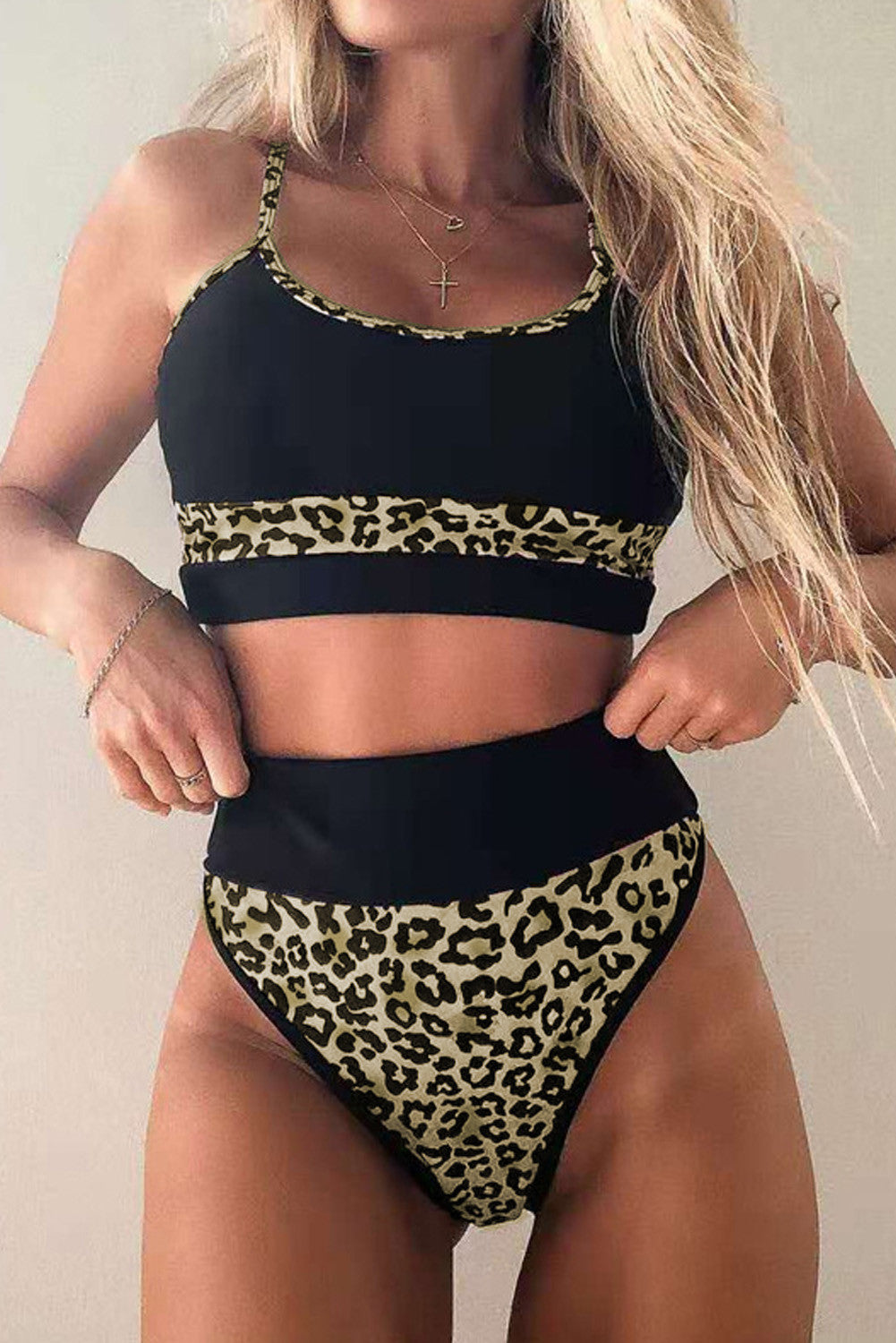 Leopard Color Block Camisole High Waisted Swimsuit