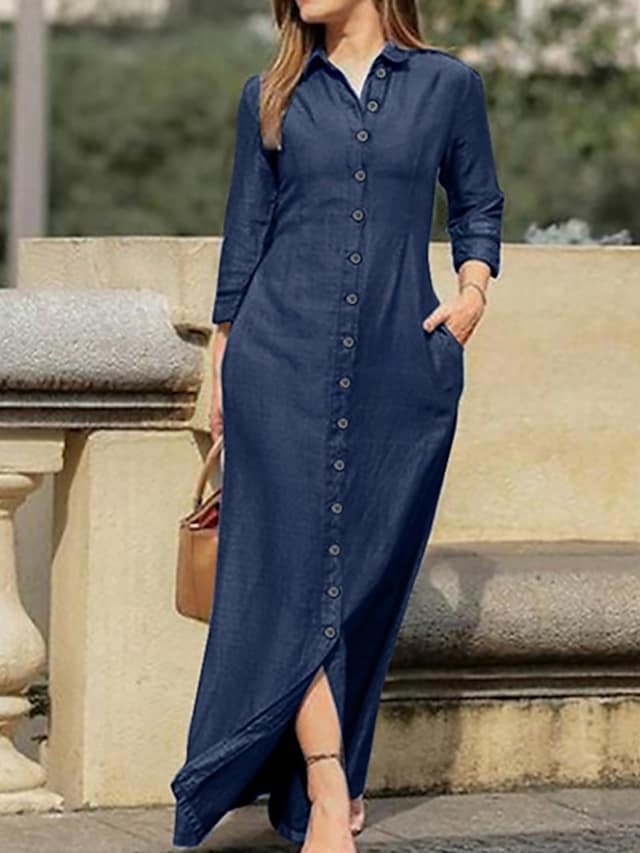 Women's A Line Dress Maxi long Dress Blue Black Dark Blue 3/4 Length Sleeve Solid Color Pocket Spring Summer Shirt Collar