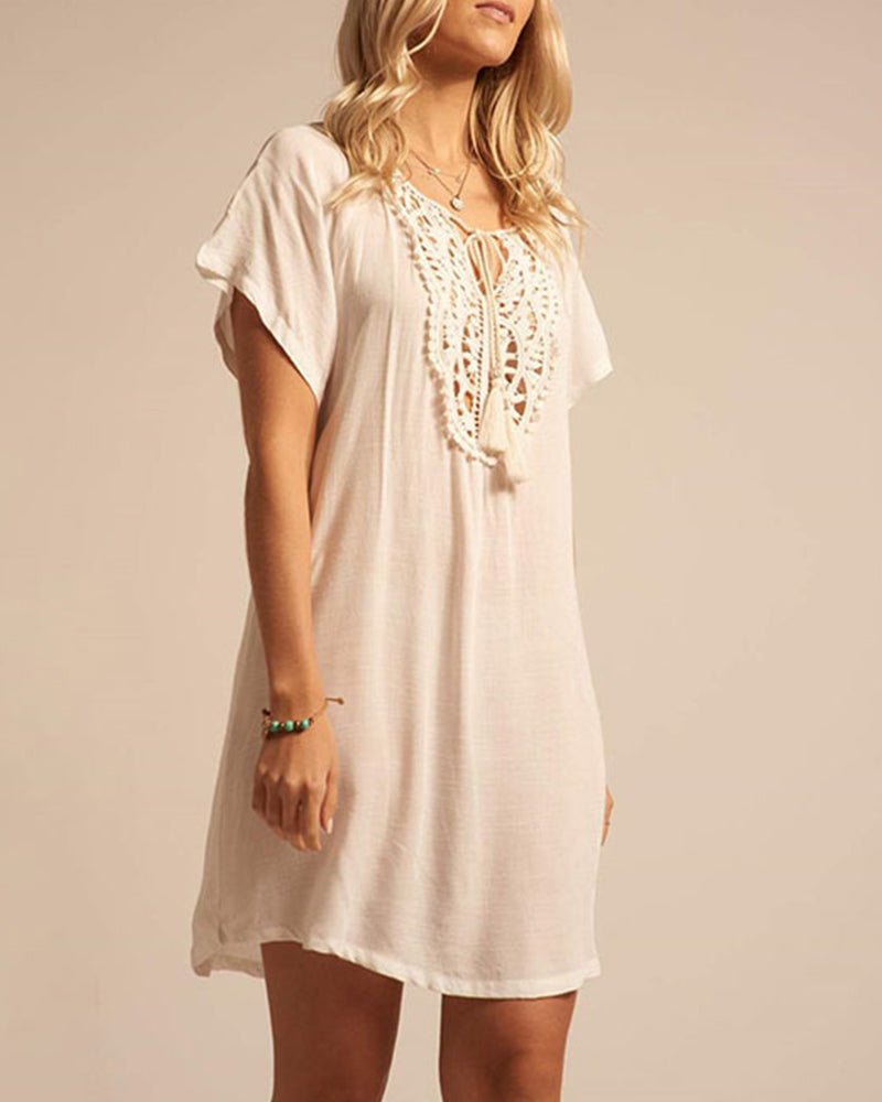 Women's Solid V-Neck Tassel Lace Cover-Ups
