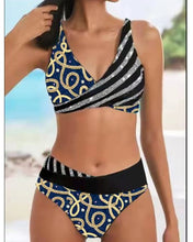 Load image into Gallery viewer, Women&#39;s Striped Curves Print Patchwork Deep V-Neck Mid Rise Sexy Bikinis

