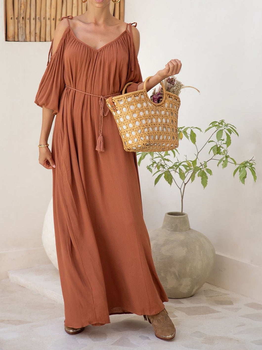 Women's Elegant V Neck Split Thigh Romantic Brown Solid Dress