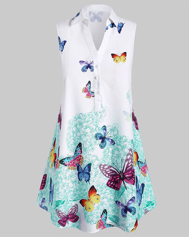 Women's Casual Butterfly Print Collar Neck Button Front Tank Tops