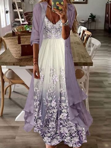 Women's A Line Dress Maxi long Dress Purple Long Sleeve Floral Color Block Ruched Print Fall Spring V Neck Casual Sexy