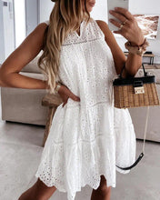 Load image into Gallery viewer, Eyelet Embroidery Tassel Design Ruched Casual Dress
