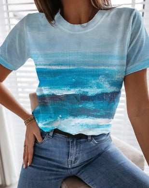 Casual Ocean Scenery Print Crew Neck Short Sleeve Drop Shoulder T-shirts