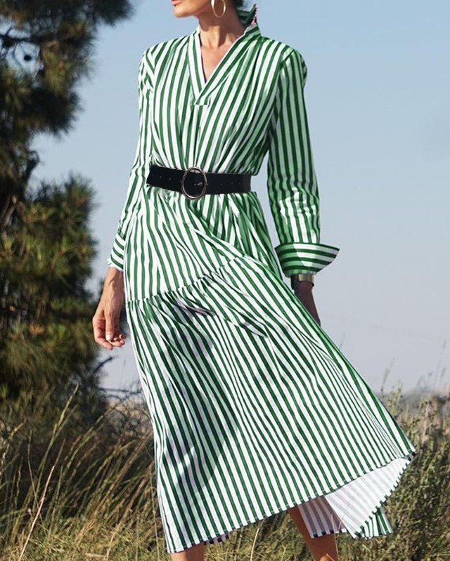 Women's Stripe V-Neck High Waist Elegant Long Dress