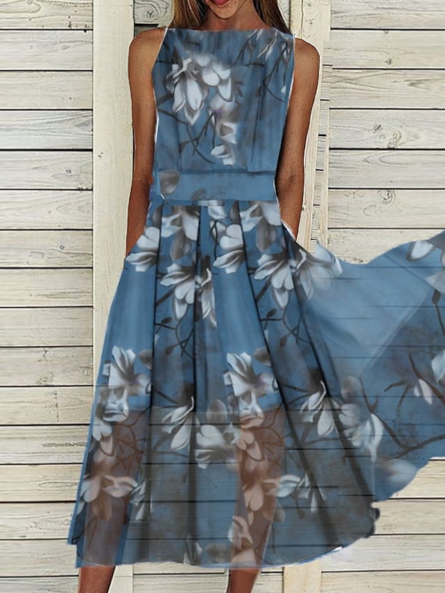 Women's A Line Dress Midi Dress Blue Short Sleeve Print Print Spring Summer Crew Neck Stylish Casual 2022 S M L XL XXL 3XL