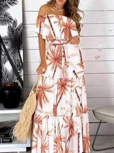 Load image into Gallery viewer, A Line Palm Print Summer Dress Off Shoulder White

