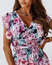 Load image into Gallery viewer, Floral Print Ruffle Hem Belted Wrap Dress
