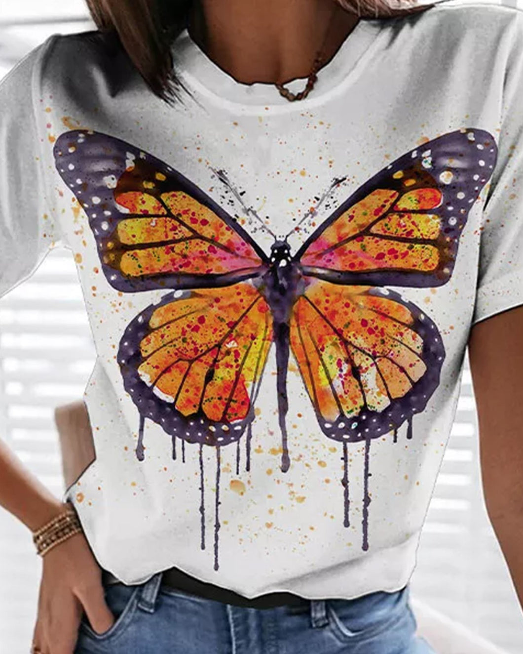 Round Neck Short Sleeve Butterfly Pattern Loosen Daily T-shirts
