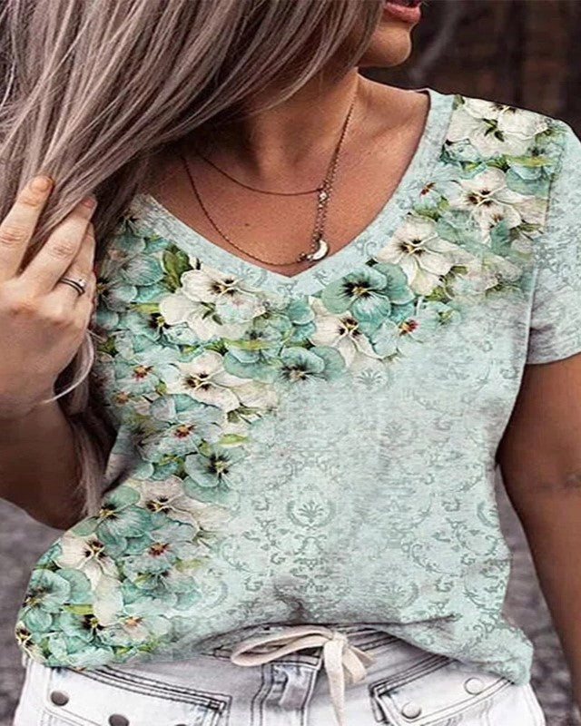 Women's T-Shirt Floral Print V Neck
