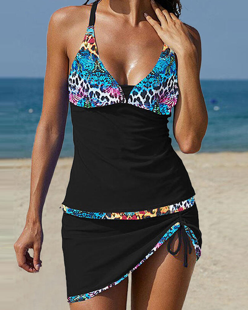 Leopard Print Halter V-Neck Sexy Boho Vacation Tankinis Swimsuits