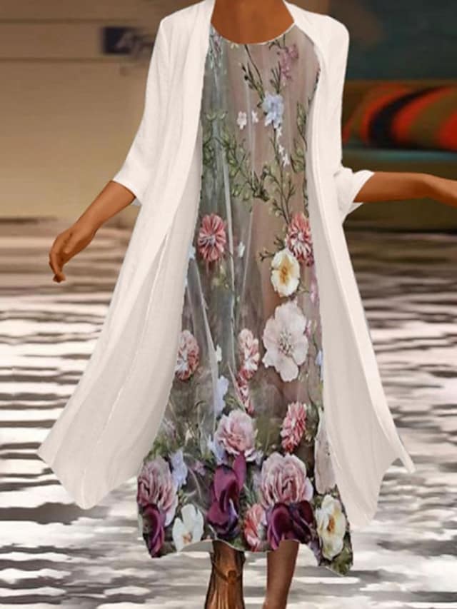 Women's A Line Dress Midi Dress Beige 3/4 Length Sleeve Floral Chiffon Print Spring Summer Crew Neck Stylish Work Elegant